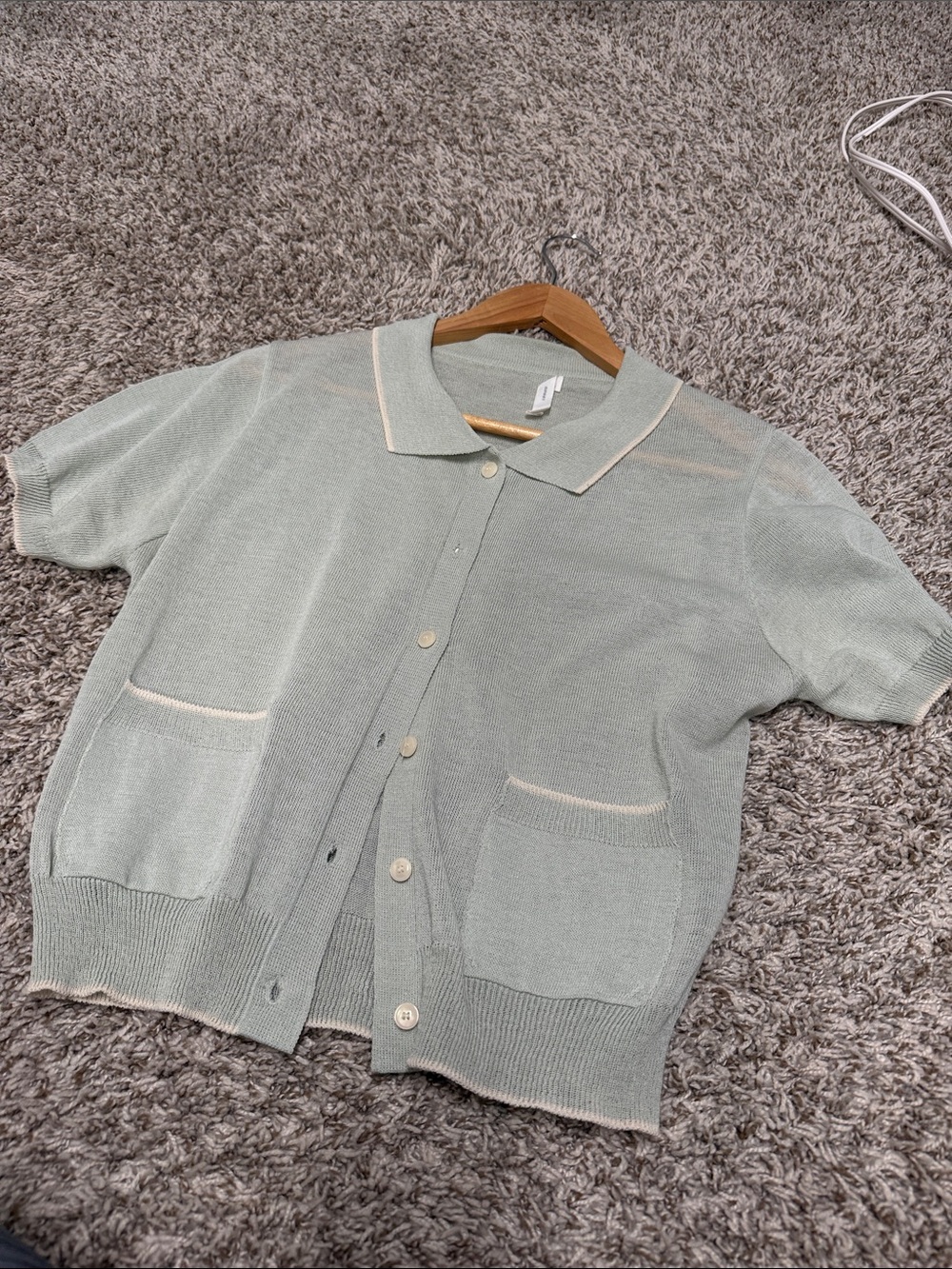 Light Sage Short-Sleeve Button Cardigan with Pockets